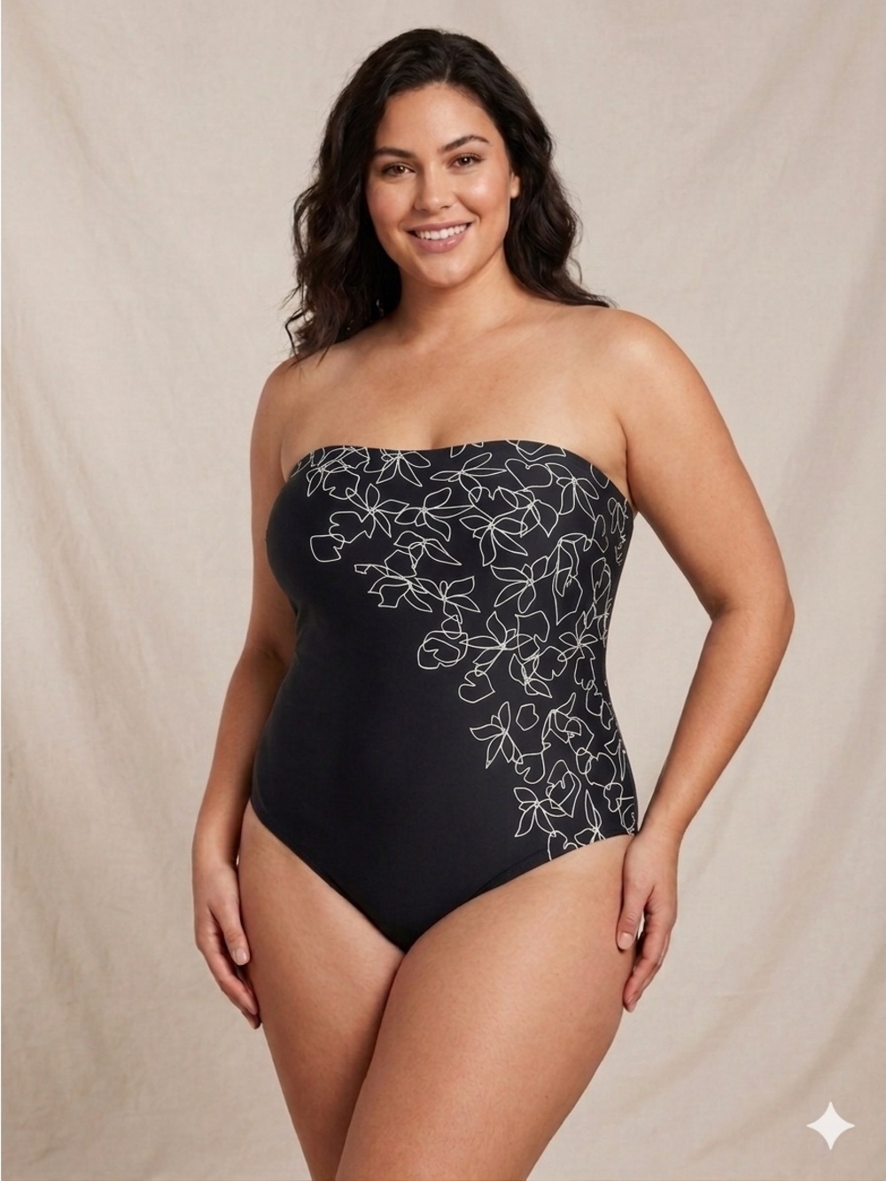 Calvin Klein Detachable Straps Black 1-Piece Swimsuit with White Floral Outline